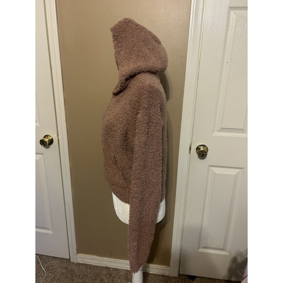 Skims Teddy Zip Up Crop Hoodie S/M Tan Brown Pockets Loungewear Fuzzy Soft - Picture 4 of 11
